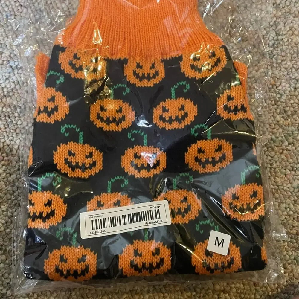 Halloween Pumpkin Dog Sweater Size Medium Knit Orange Black Jack O Lantern